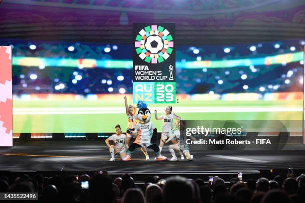 Women's World Cup 2023 Mascot, Penguin Tazuni performs during the FIFA Women's World Cup 2023 Final Tournament Draw at Aotea Centre on October 22,...