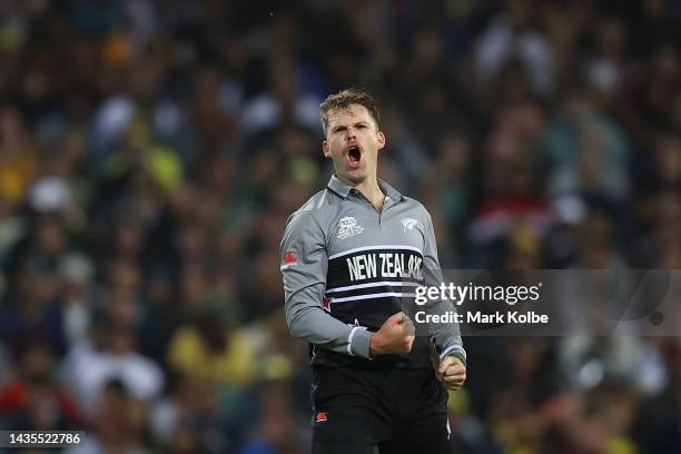 Lachlan Ferguson of New Zealand celebrates dismissing Matthew Wade of Australia during the ICC Men's T20 World Cup match between Australia and New...