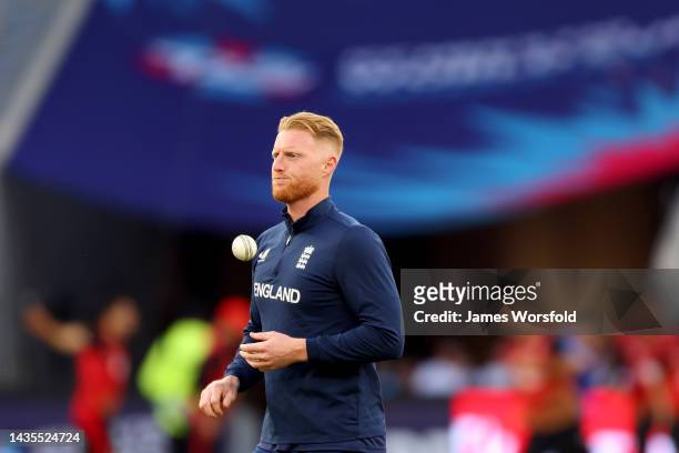 Ben Stokes of England warms up before the ICC Men's T20 World Cup match between England and Afghanistan at Perth Stadium on October 22, 2022 in...