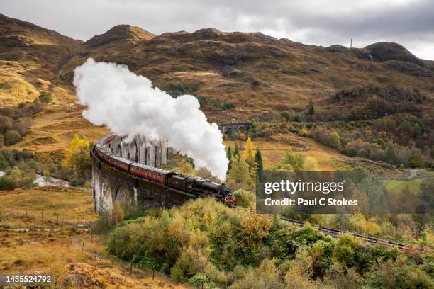the jacobite steam train crossing the glenfinnan viaduct in scotland. - tren de vapor fotografías e imágenes de stock