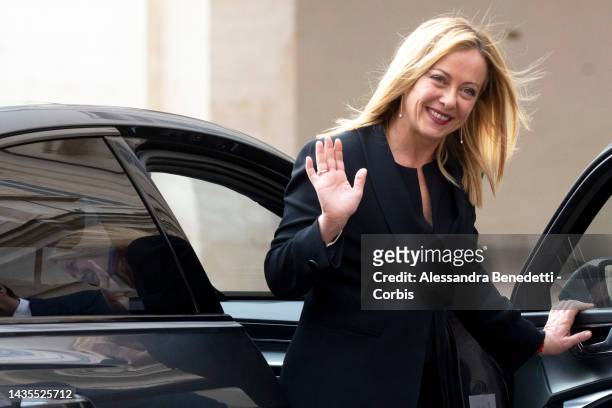 Newly appointed Italian Prime Minister Giorgia Meloni leaves the Quirinale Palace after the swearing in ceremony of her new government, on October...