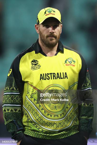 Aaron Finch of Australia looks on following the ICC Men's T20 World Cup match between Australia and New Zealand at Sydney Cricket Ground on October...