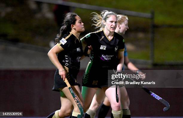 Hannah Cotter of Melbourne celebrates after scoring a goal during the round four Hockey One League Women's match between Brisbane Blaze and Hockey...