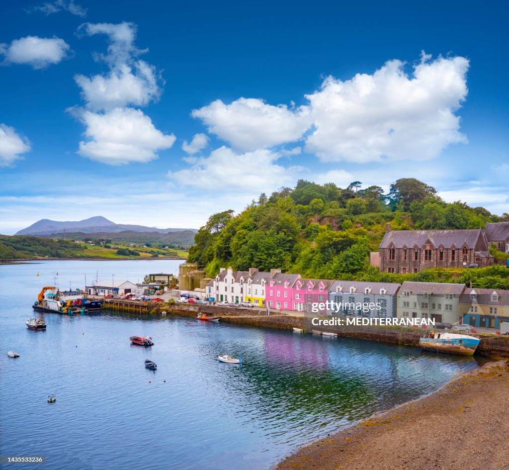 Skye island Portree Harbour colorful houses in Highlands Scotland UK