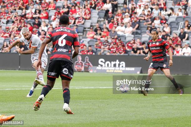 Charlie Austin of the Roar scores his first A League goal during the round three A-League Men's match between Western Sydney Wanderers and Brisbane...