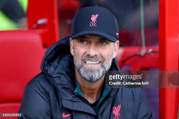 Juergen Klopp, Manager of Liverpool looks on prior to the Premier League match between Nottingham Forest and Liverpool FC at City Ground on October...