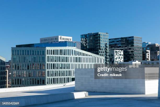 views of the outside of the famous opera house building in oslo, the capital city of norway. opened in 2008, it is home to the opera and ballet and is built of white marble and granite - the opera centre stock pictures, royalty-free photos & images