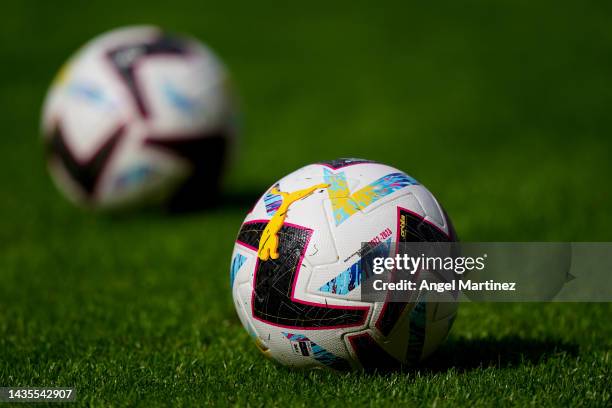 Match ball is seen prior to the LaLiga Santander match between Rayo Vallecano and Cadiz CF at Campo de Futbol de Vallecas on October 22, 2022 in...