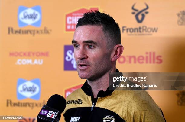 Coach Phil Burrows of Melbourne speaks at an after match press conference after the round four Hockey One League Women's match between Brisbane Blaze...