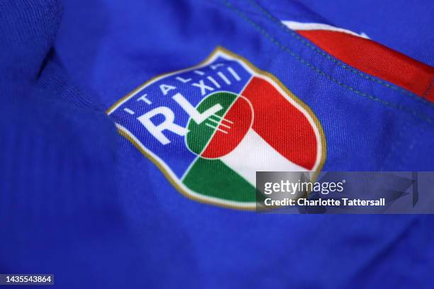 Detailed view of a Italy shirt in the changing room ahead of the Rugby League World Cup 2021 Pool B match between Fiji and Italy at Kingston Park on...