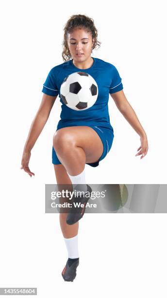 female football playing football - soccer player on white stock pictures, royalty-free photos & images