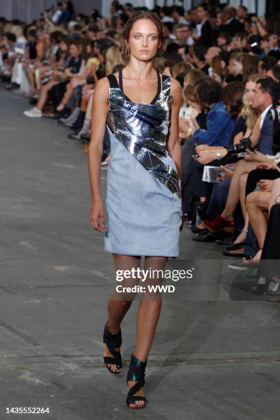 Model on the runway at Diesel Black Gold\'s spring 2012 show at Pier 94.