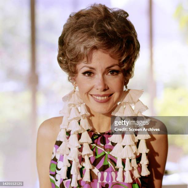 Barbara Rush smiling wearing colorful dress circa 1965.