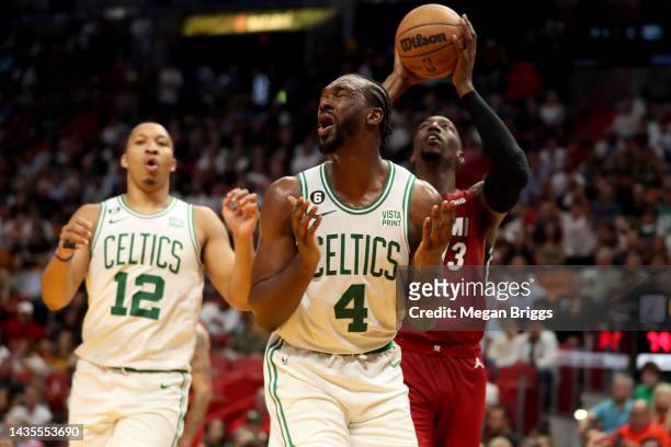 Noah Vonleh of the Boston Celtics reacts after a foul against the Miami Heat during the fourth quarter at FTX Arena on October 21, 2022 in Miami,...