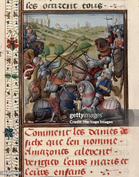 Amazons in battle. From Histoire ancienne jusqu'à César by Wauchier de Denain, circa 1470-1480. Found in the collection of the Bibliothèque...