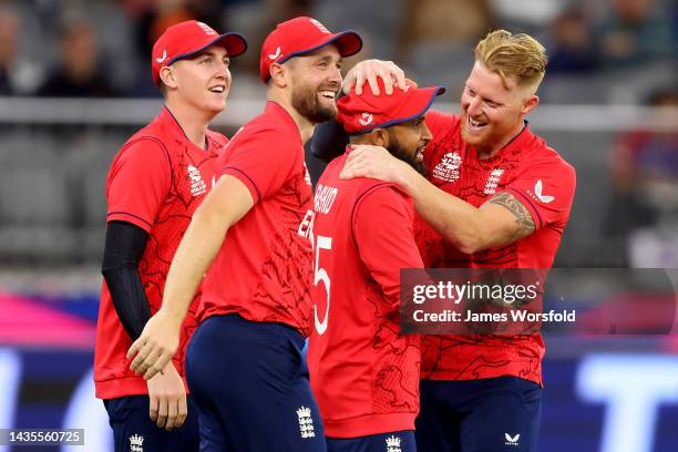 Ben Stokes of England celebrates his wicket during the ICC Men's T20 World Cup match between England and Afghanistan at Perth Stadium on October 22,...