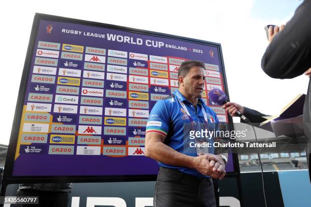 Leo Epifania, Head Coach of Italy speaks to the media prior to the Rugby League World Cup 2021 Pool B match between Fiji and Italy at Kingston Park...