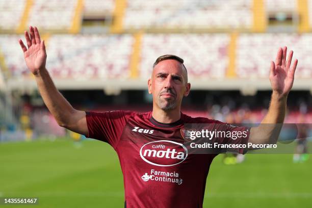 Franck Ribery says goodbye to football by greeting the fans on a lap round the pitch before the Serie A match between Salernitana and Spezia Calcio...