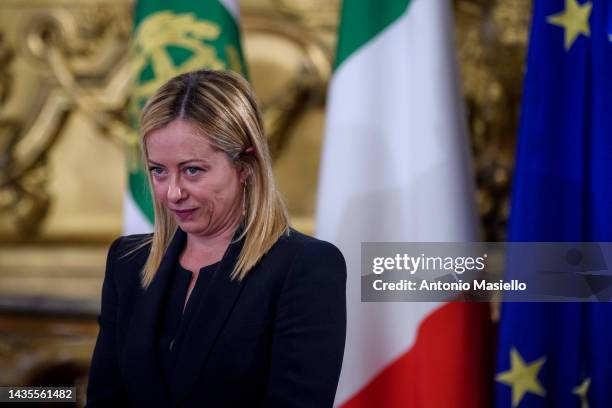 Italian Prime Minister Giorgia Meloni attends the swearing-in ceremony at the Quirinal Palace on October 22, 2022 in Rome, Italy. Far-right...