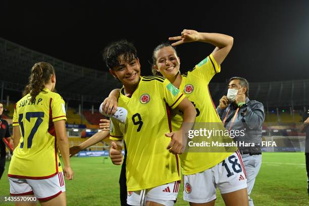 Players of Colombia celebrate the win after the FIFA U-17 Women's World Cup 2022 Quarter-final, match between Colombia and Tanzania at Pandit...