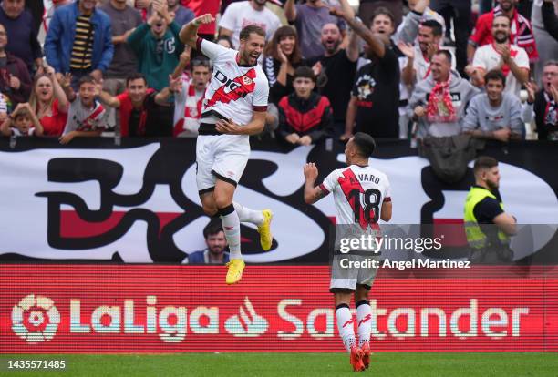 Florian Lejeune of Rayo Vallecano celebrates scoring their team's third goal during the LaLiga Santander match between Rayo Vallecano and Cadiz CF at...