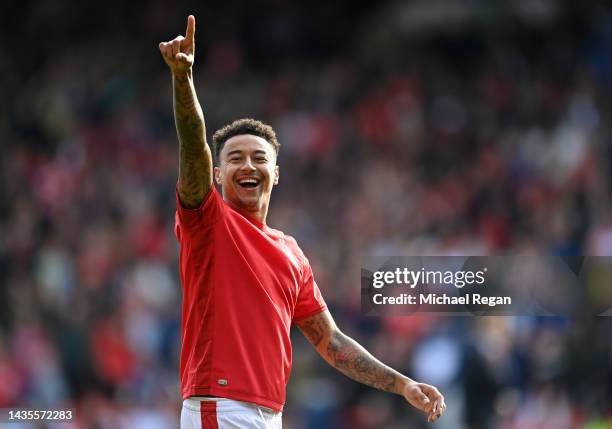 Jesse Lingard of Nottingham Forest celebrates following the Premier League match between Nottingham Forest and Liverpool FC at City Ground on October...