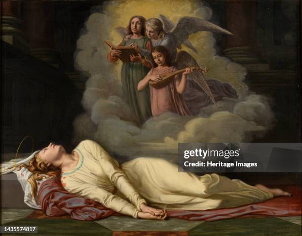 Dying Saint Cecilia hears a celestial concert, 1869. Found in the collection of the Musée des Beaux-arts, Rouen. Artist Guérin, Prosper .