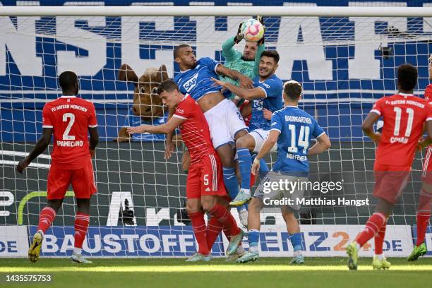 Sven Ulreich of Bayern Munich jumps for the ball during the Bundesliga match between TSG Hoffenheim and FC Bayern München at PreZero-Arena on October...