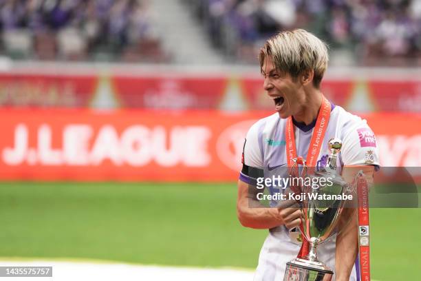 Sho Sasaki of Sanfrecce Hiroshima celebrates with trophy after during the J.LEAGUE YBC Levain Cup final between Cerezo Osaka and Sanfrecce Hiroshima...