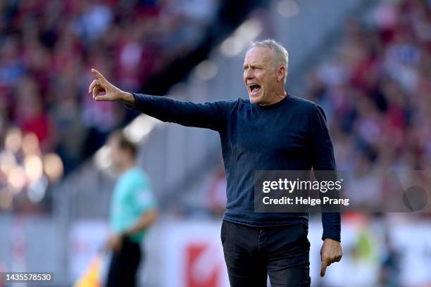 Christian Streich, Head Coach of SC Freiburg gives instructions during the Bundesliga match between Sport-Club Freiburg and SV Werder Bremen at...