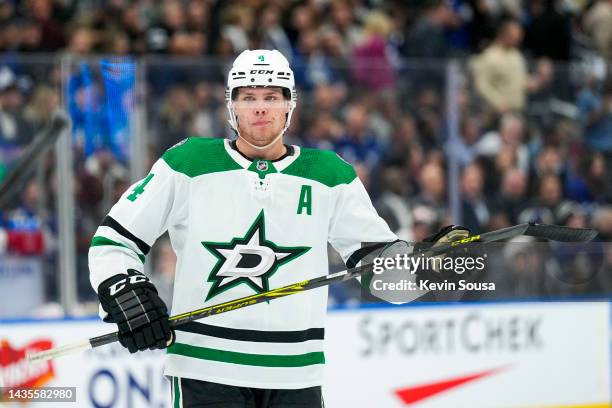 Miro Heiskanen of the Dallas Stars looks on against the Toronto Maple Leafs during the first period at the Scotiabank Arena on October 20, 2022 in...