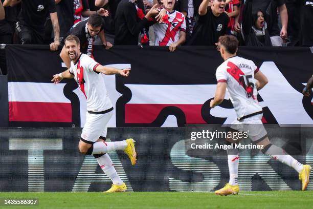 Florian Lejeune of Rayo Vallecano celebrates scoring their team's fifth goal during the LaLiga Santander match between Rayo Vallecano and Cadiz CF at...