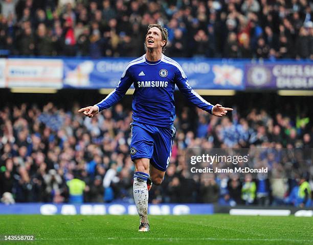 Fernando Torres of Chelsea celebrates as he scores their fourth goal during the Barclays Premier League match between Chelsea and Queens Park Rangers...