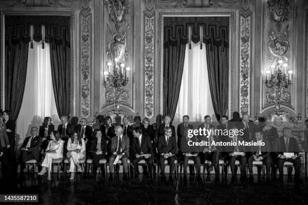 Italian President Sergio Mattarella and Italian Prime Minister Giorgia Meloni pose for a group photo with the 24 members of Italy's new government,...