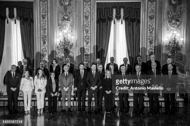 Italian President Sergio Mattarella and Italian Prime Minister Giorgia Meloni pose for a group photo with the 24 members of Italy's new government,...