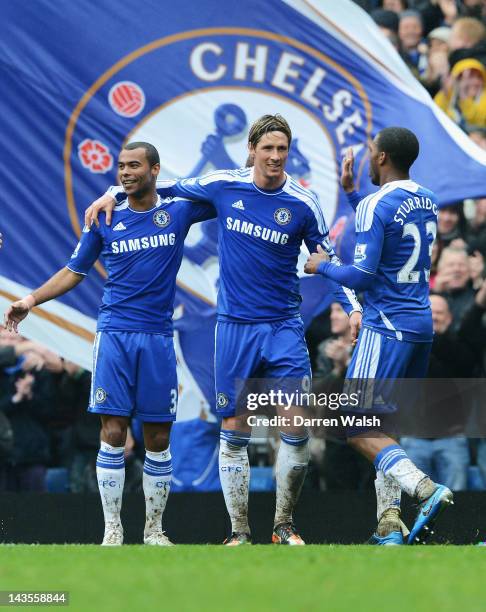 Fernando Torres of Chelsea celebrates scoring his second goal with team mates Ashley Cole and Daniel Sturridge during the Barclays Premier League...