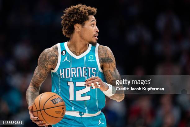 Kelly Oubre Jr. #12 of the Charlotte Hornets brings the ball up court against the New Orleans Pelicans during their game at Spectrum Center on...