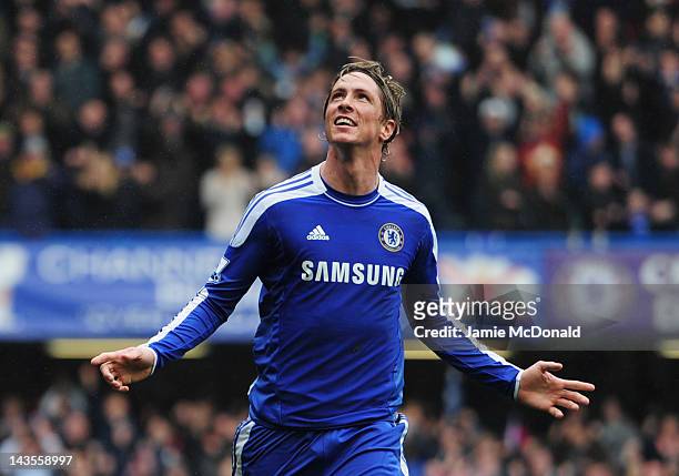Fernando Torres of Chelsea celebrates as he scores their fourth goal during the Barclays Premier League match between Chelsea and Queens Park Rangers...