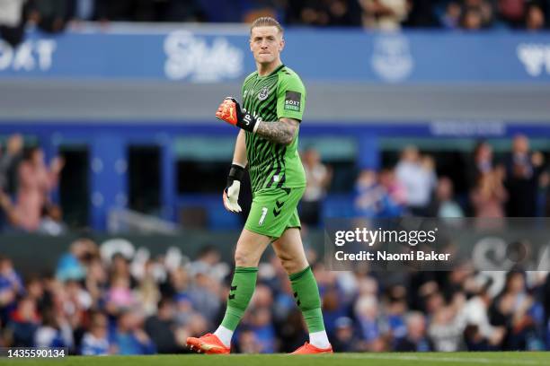 Jordan Pickford of Everton celebrates their team's first goal during the Premier League match between Everton FC and Crystal Palace at Goodison Park...