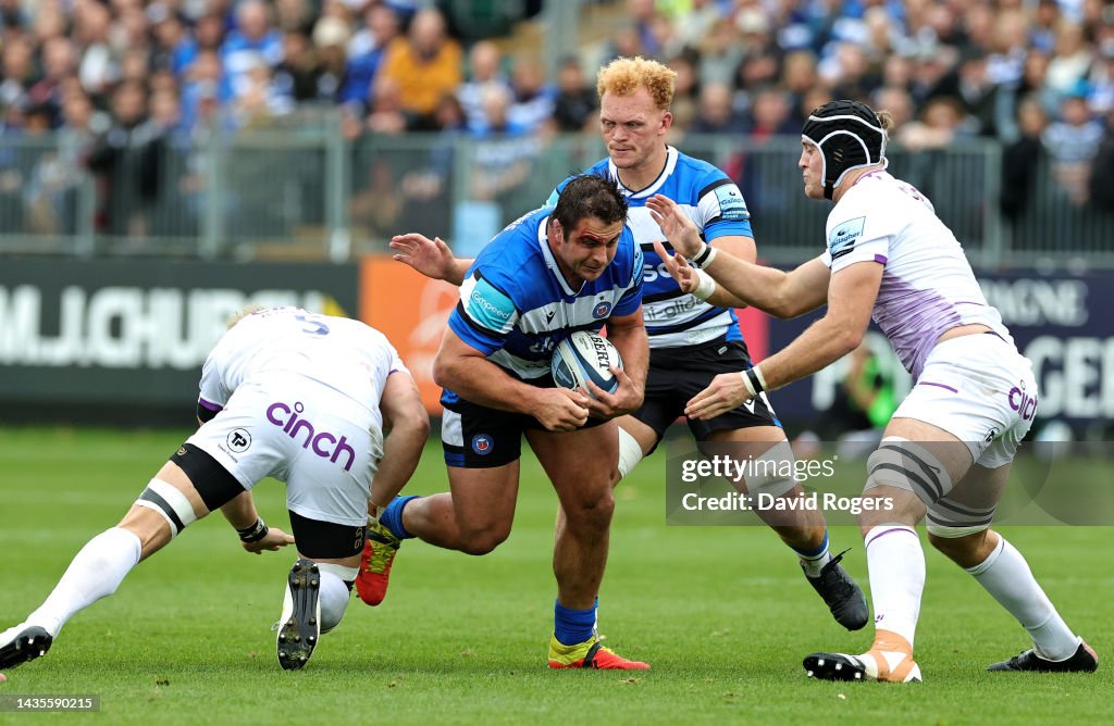 David Ribbans Rugby Juan Schoeman of Bath is tackled by David Ribbans and Alex Coles ...