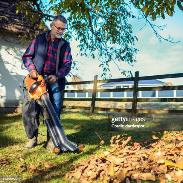 mature man in yard backyard using leaf blower - leaf blower stock pictures, royalty-free photos & images