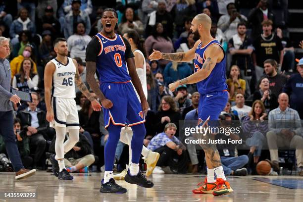 Cam Reddish of the New York Knicks reacts during the game against the Memphis Grizzlies at FedExForum on October 19, 2022 in Memphis, Tennessee. NOTE...