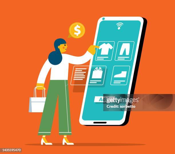 stockillustraties, clipart, cartoons en iconen met online shopping - businesswoman - debit cards, credit cards accepted