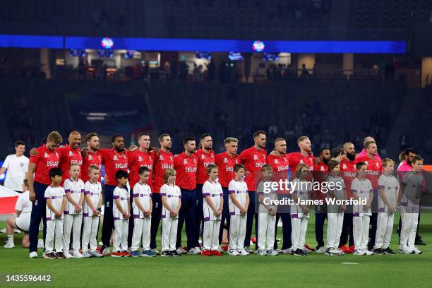 England Players line up for their national anthem during the ICC Men's T20 World Cup match between England and Afghanistan at Perth Stadium on...