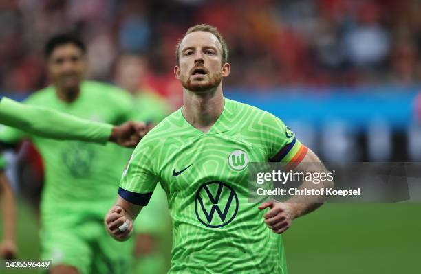 Maximilian Arnold of VfL Wolfsburg celebrates after scoring their team's second goal during the Bundesliga match between Bayer 04 Leverkusen and VfL...