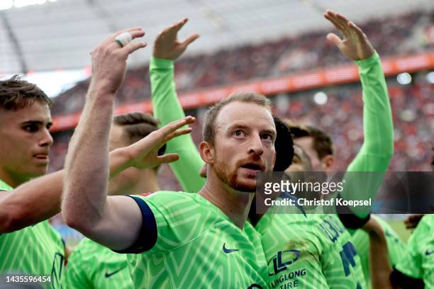 Maximilian Arnold of VfL Wolfsburg celebrates after scoring their team's second goal during the Bundesliga match between Bayer 04 Leverkusen and VfL...