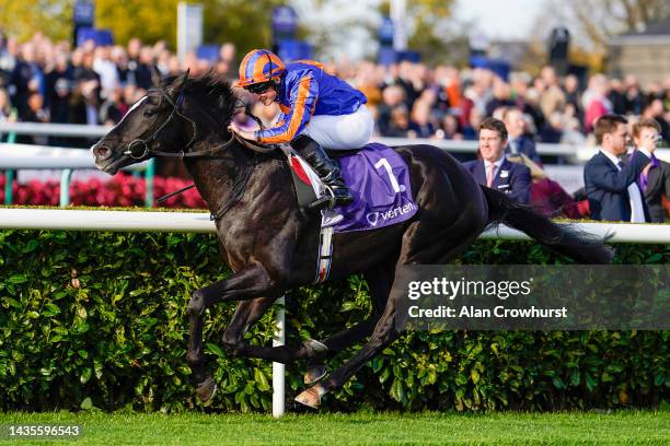 Ryan Moore riding Auguste Rodin win The Vertem Futurity Trophy Stakes at Doncaster Racecourse on October 22, 2022 in Doncaster, England.