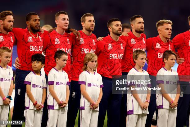 England players sing the national anthem during the ICC Men's T20 World Cup match between England and Afghanistan at Perth Stadium on October 22,...