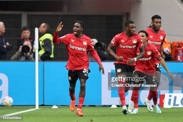 Jeremie Frimpong of Bayer Leverkusen celebrates after scoring their team's second goal during the Bundesliga match between Bayer 04 Leverkusen and...