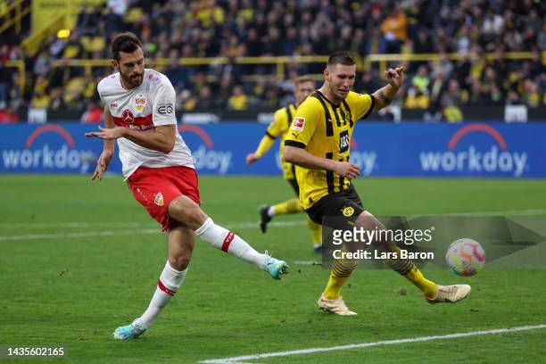 Luca Pfeiffer of VfB Stuttgart scores their team's first goal during the Bundesliga match between Borussia Dortmund and VfB Stuttgart at Signal Iduna...